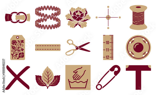 Two-Tone Vintage Sewing and Tailoring Graphic Element Kit for Garment Manufacturing and Boutique Crafting