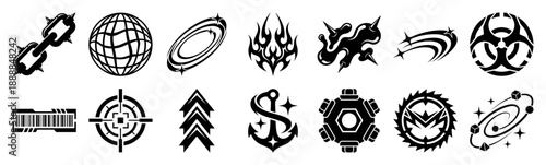 Y2K Cybercore Abstract Symbol Graphic Element Kit for Neo-Futuristic Apparel and Digital Streetwear Design