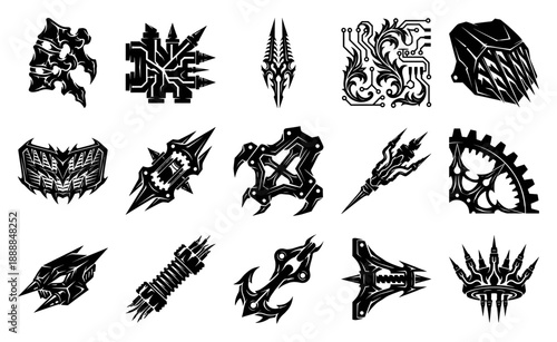 Aggressive Neo-Tribal Cyberpunk Graphics Asset Sheet for Dark Techno Branding and Sci-Fi Decals