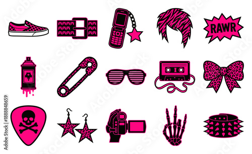 Scene Core Emo Aesthetic Flat Vector Element Kit for Nostalgic Y2K Alternative Fashion Graphics