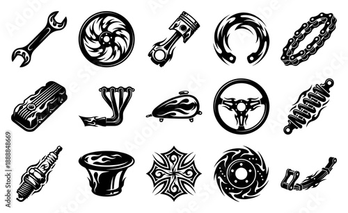 Vintage Flame Infused Automotive Engine Parts and Mechanic Tool Graphic Element Kit for Hot Rod Culture