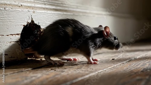 Rat emerging from a hole in a white wall. Rodent sniffing and crawling onto a wooden floor. Pest infestation and home hygiene concept