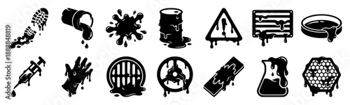 Minimalist Black Sludge and Toxic Spill Silhouette Icon Set for Industrial Safety and Environmental Hazard Design