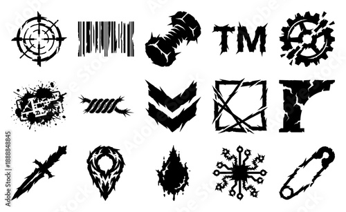 Grungy Distorted Industrial Symbols and Edgy Cyberpunk Asset Kit for Urban Streetwear Graphic Design