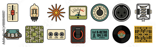 Retro Analog Audio and Radio Broadcast Element Kit for Vintage Sound Engineering and Studio Design
