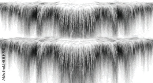 Two layered waterfalls of white mist and smoke, abstract vertical streaks, atmospheric curtain effect, ethereal fluid dynamics, ethereal flowing texture, soft focus background, serene natural imagery