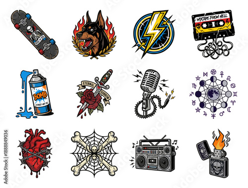 Vintage Neotraditional Tattoo Subculture Graphic Asset Sheet for Alternative Streetwear Design