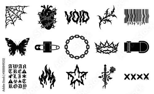 Cyber Y2K Grunge Emo Aesthetic Graphic Element Kit for Streetwear Apparel and Digital Design