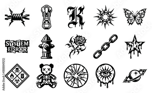 Cyber Y2K Grunge Aesthetic Graphic Element Kit for Streetwear Apparel and Digital Collage Art