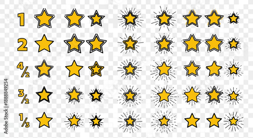 Hand-drawn star rating icons collection, from 1 to 5 stars, vector illustration