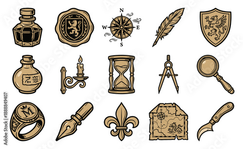 Vintage Woodcut Medieval Cartography and Scribe Element Kit for Historical Storytelling