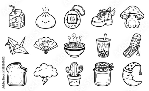 Kawaii Line Art Y2K Aesthetic Sticker Kit and Hand Drawn Doodle Elements for Creative Journaling