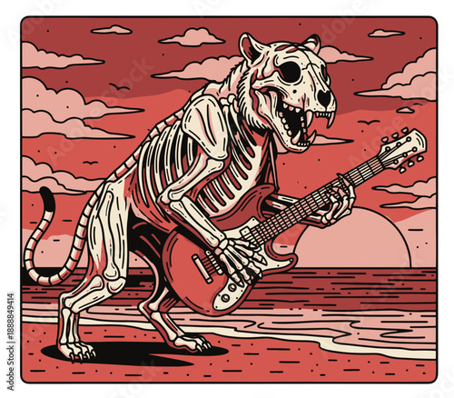 Skeleton tiger playing electric guitar on surreal beach at sunset