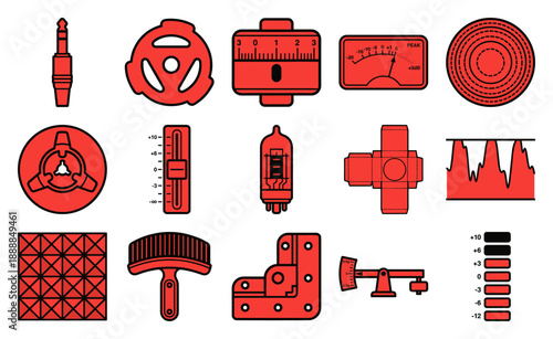 Minimalist Analog Audio Engineering Icons Element Kit for Vintage Sound Studio Production and Music Equipment Design
