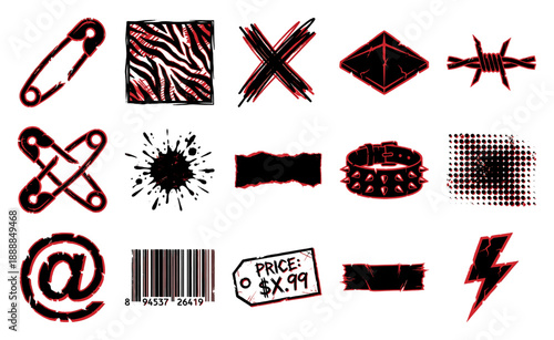 Grungy Punk Rock Aesthetic Graphic Element Kit for Alternative Streetwear Apparel and Distressed Edgy Branding