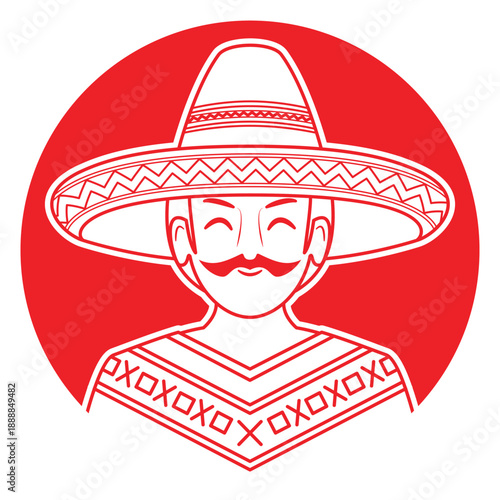 Line art illustration vector of Mexican man dress with sombrero traditional hat and sarape or jorongo is a long blanket like shawl drawing in red and white