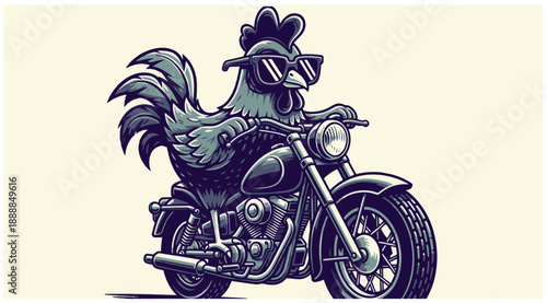 Cool chicken wearing sunglasses riding a vintage motorcycle