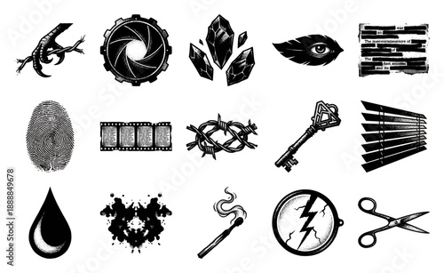 Woodcut Noir Detective Mystery Engraving Graphic Set for Crime Thriller and Espionage Projects