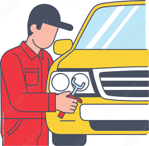 Mechanic in a red uniform uses a wrench to repair the headlight assembly of a yellow vehicle in a professional service setting.
