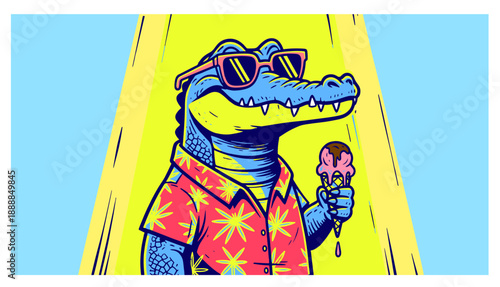Cool alligator in sunglasses enjoying ice cream under bright spotlight