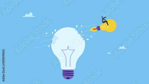 Businessman riding flying lightbulb idea breaking old technology company. Disruptive innovation, entrepreneur to start new business with revolutionary idea, change industry and win competition.