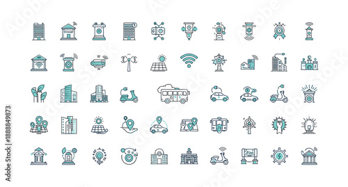 Smart city infrastructure icons for modern urban planning and technology