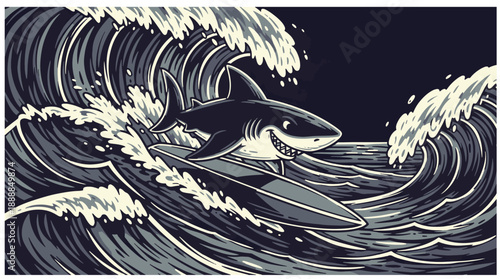 Cartoon shark surfing on waves in dynamic ocean scene