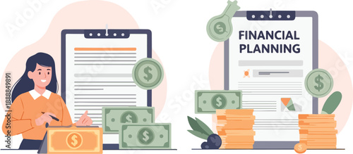 Woman creating financial plan with money and documents