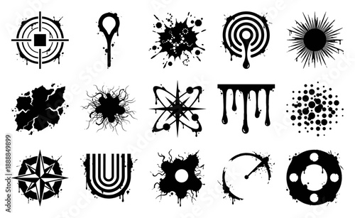 Grungy Distorted Abstract Ink Splatter Graphic Element Kit for Dark Industrial Alternative Branding
