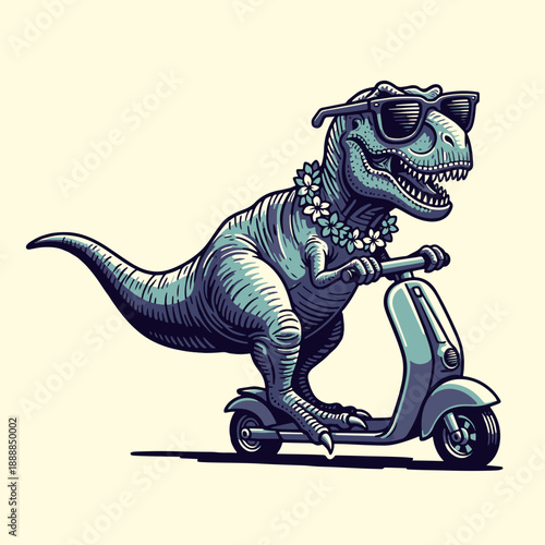 Cool dinosaur wearing sunglasses riding a scooter cartoon illustration