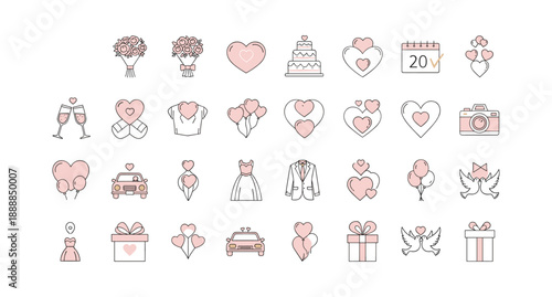 Charming pink and white wedding icons for romantic celebrations and love
