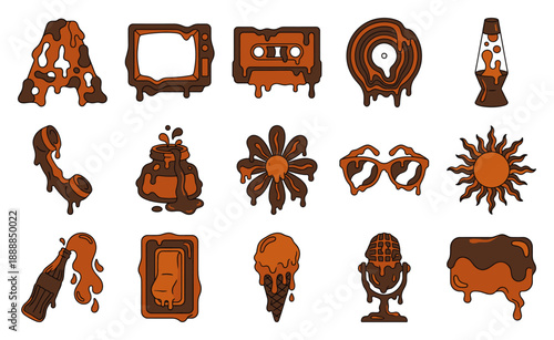 Retro Psychedelic Melting Objects Graphic Set for 70s Nostalgic Branding and Groovy Streetwear Apparel Designs