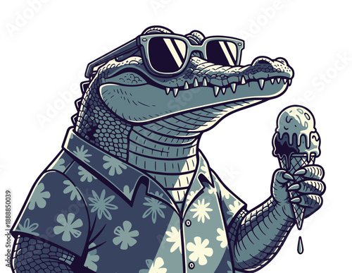 Cool alligator wearing sunglasses and Hawaiian shirt holding ice cream