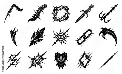 Aggressive Dark Fantasy Tribal Element Kit for Edgy Streetwear Branding and Neo-Tribal Tattoo Flash Graphics