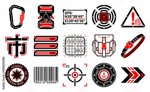Techwear Tactical Cyberpunk Graphic Element Kit for Industrial Gear Design and Futuristic Apparel Branding