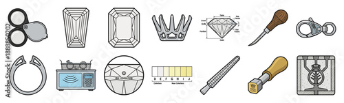 Technical Vector Gemology and Jewelry Crafting Element Kit for Professional Goldsmithing and Appraisal Graphic Design
