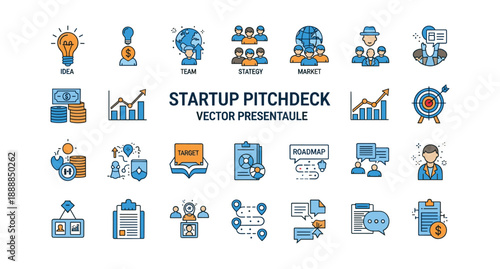 Startup pitch deck vector presentation with business strategy icons
