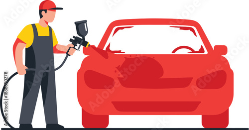 Automotive painter wearing a cap and overalls applies red paint using a spray gun onto the front fender of a vehicle.