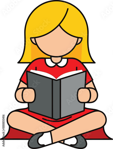 Blonde girl in a red dress sits cross-legged while concentrating on reading an open book.