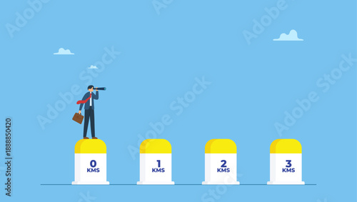 Businessman look through telescope to see work journey. Start new journey, visionary for career development or project milestones, challenge or visionary, begin new job or journey to success.