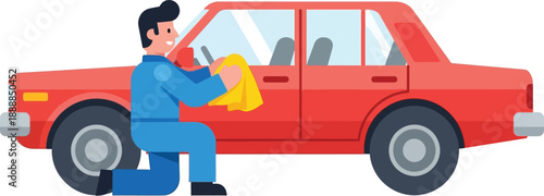 Automotive detailer in blue uniform kneels down to wipe the side panel of a bright red classic sedan with a yellow microfiber cloth.