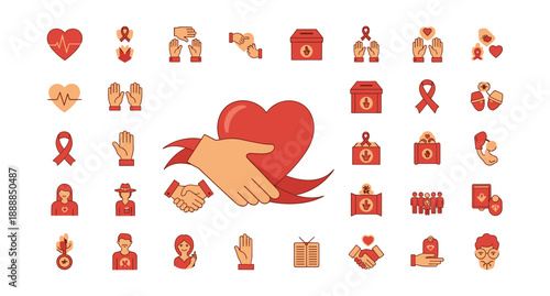 Charity and donation icons set with red heart theme
