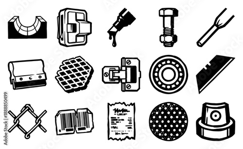 Bold Linocut Industrial Hardware Graphic Set for Urban Construction and Streetwear Branding