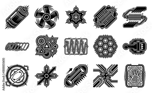 Black and White Woodcut Tech Elements Set for Cyberpunk Industrial Hardware Schematics