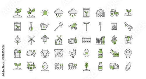 Farm and agriculture icons for sustainable living and eco friendly practices