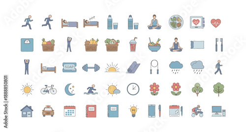 Healthy lifestyle icons for wellness and self care routines