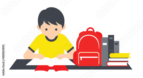 Boy studying at a desk with a red backpack and several books nearby on a white background.
