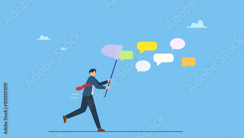 Businessman catching dialog speech bubble. Requirement gathering, catch up meeting summary, client or customer opinion, conversation, effective communication or message and conversation.