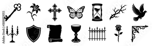 Vintage Gothic Woodcut Symbols Graphic Element Kit for Dark Academia and Victorian Branding