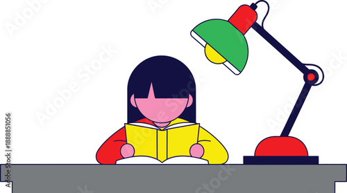 Young student reads a book intently under the focused light of an adjustable desk lamp at a table.